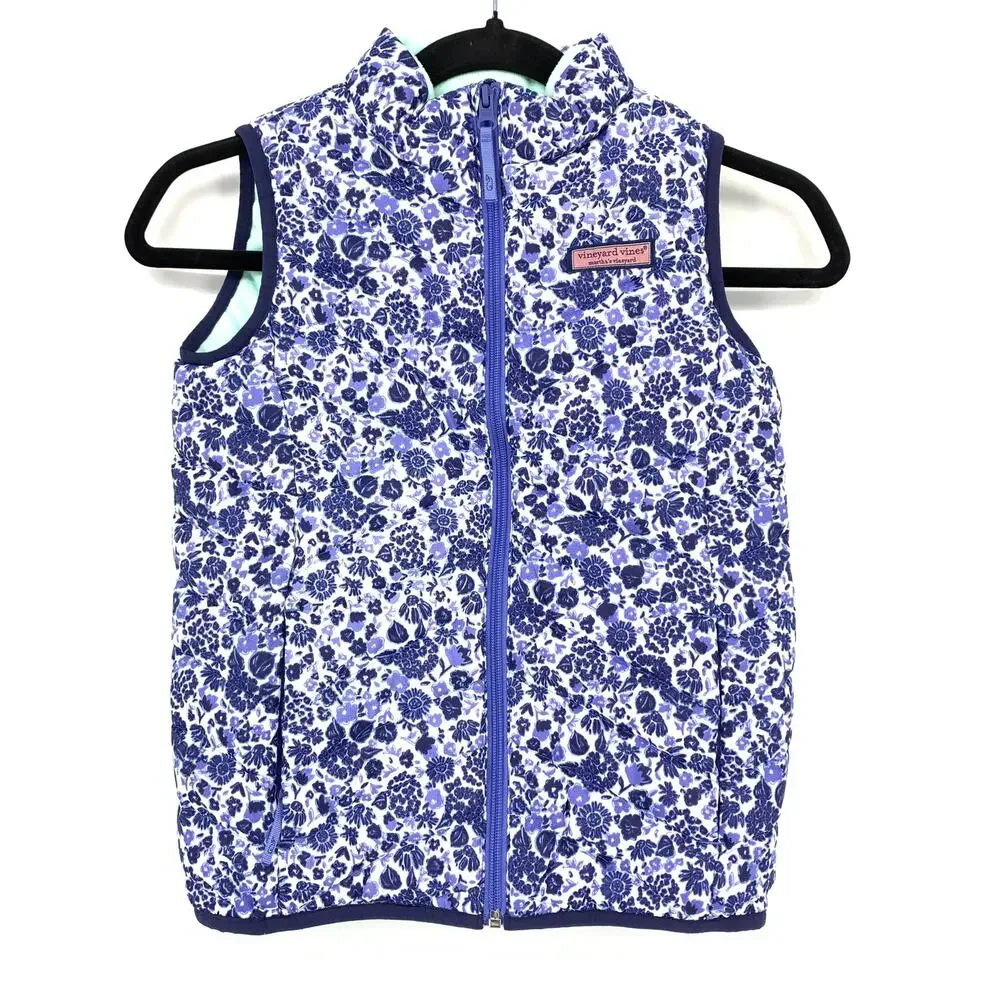 Vineyard Vines Performance Down Puffer Vest Girls Size Small Blue Floral Print